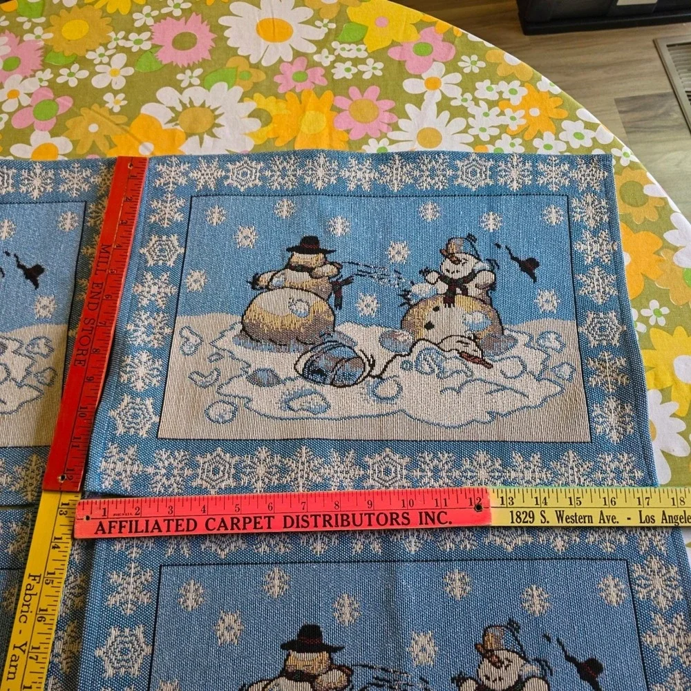 Snowman Snowball Fight Tapestry Placemats Set of 4 Blue Woven Snowflake Border